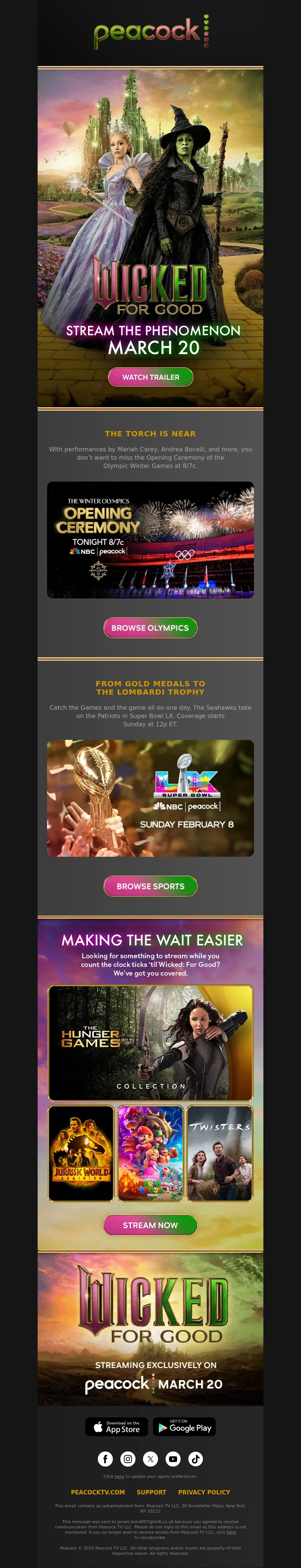 Email screenshot from Peacock - Wicked: For Good 🩷💚 Coming Soon