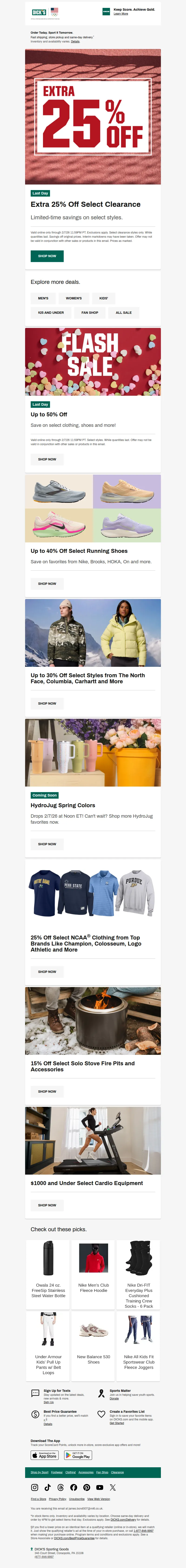 Email screenshot from Dick's | Clearance - Ending TODAY 💸 EXTRA 25% off select clearance