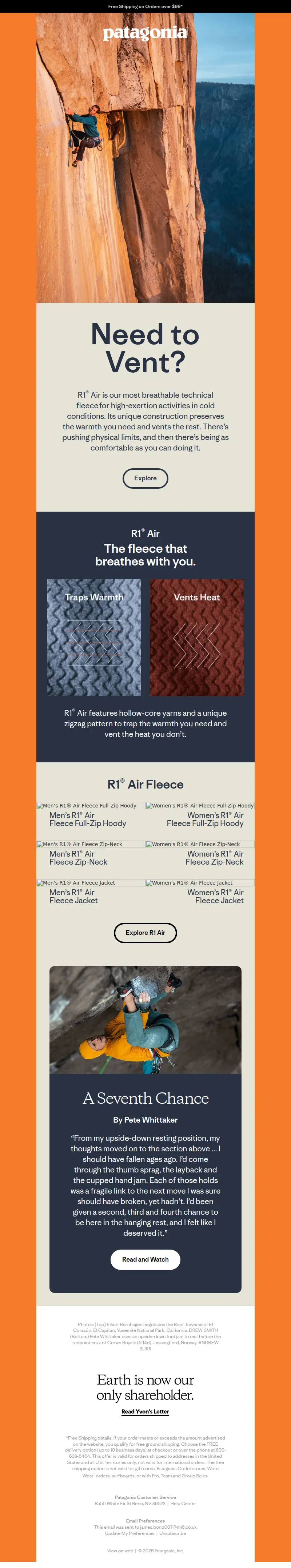 Email screenshot from Patagonia - R1 Air: Our most breathable fleece