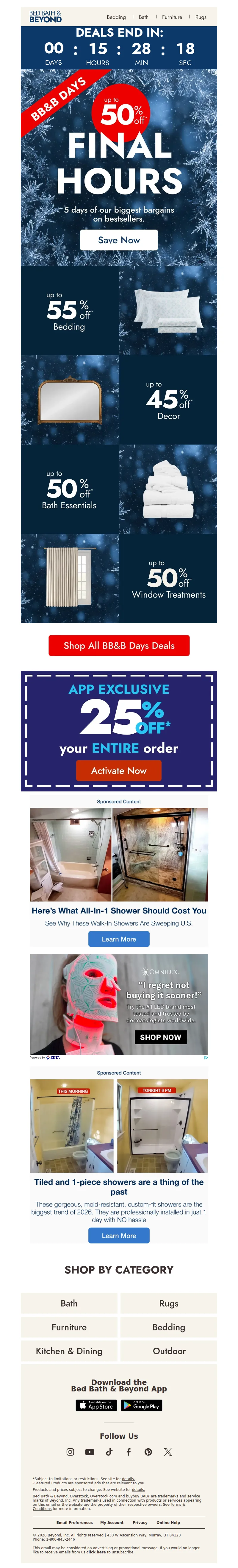 Email screenshot from Bed Bath & Beyond - Last Day: up to 50% off ends TONIGHT ⏳