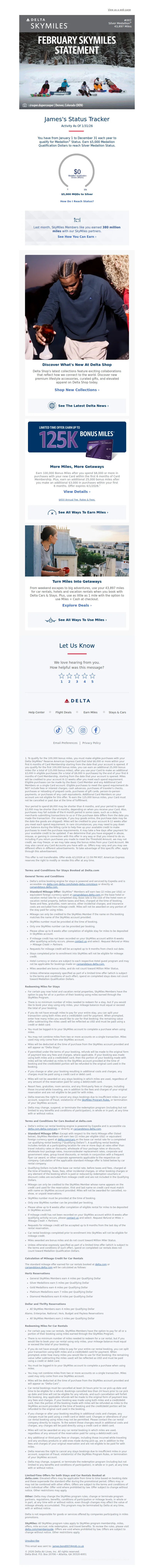 Email screenshot from Delta Air Lines - Mr. Bond, Your February SkyMiles Statement Is Here