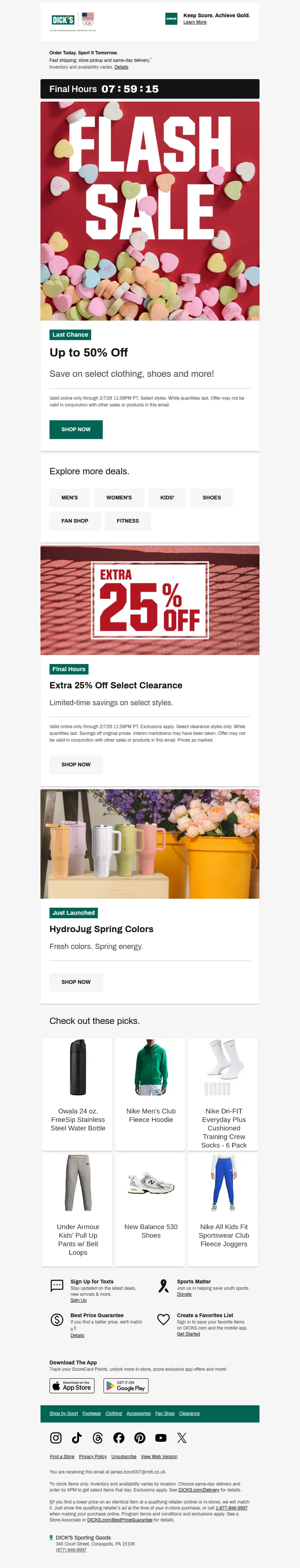 Email screenshot from Dick's | Flash Sale - Only hours left โฐโก๏ธ Up to 50% off Flash Sale DEALS