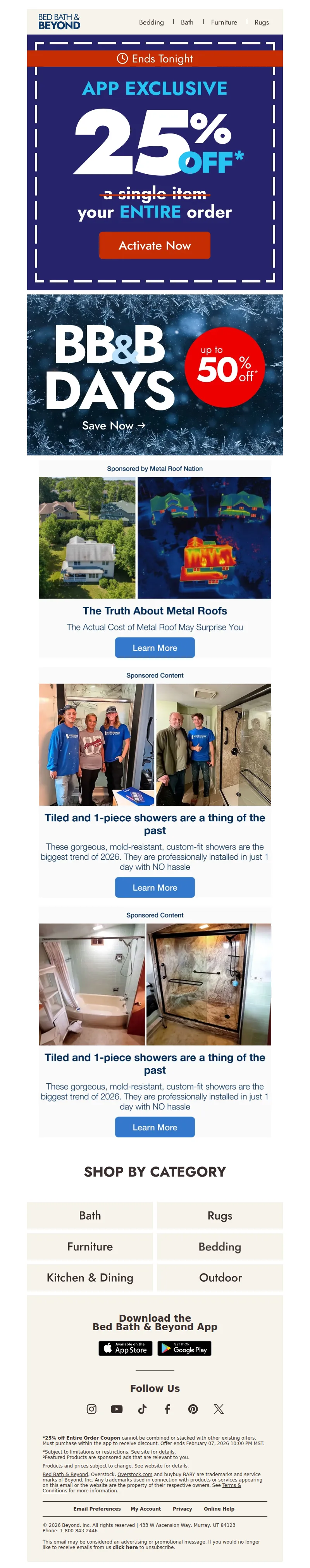 Email screenshot from Bed Bath & Beyond - Ends tonight! 25% off—only in the app