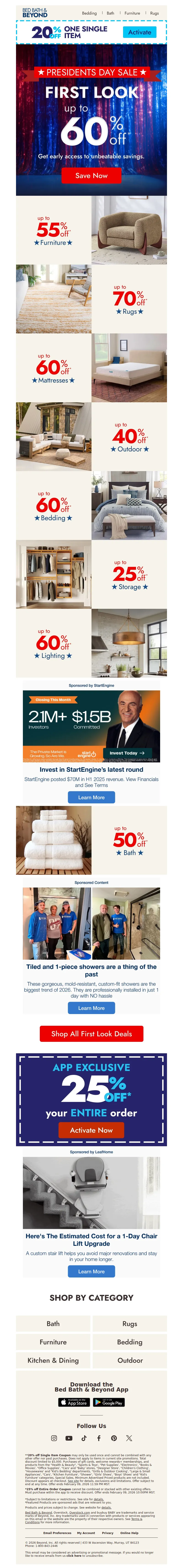 Email screenshot from Bed Bath & Beyond - Up to 60% off: First look for Presidents Day