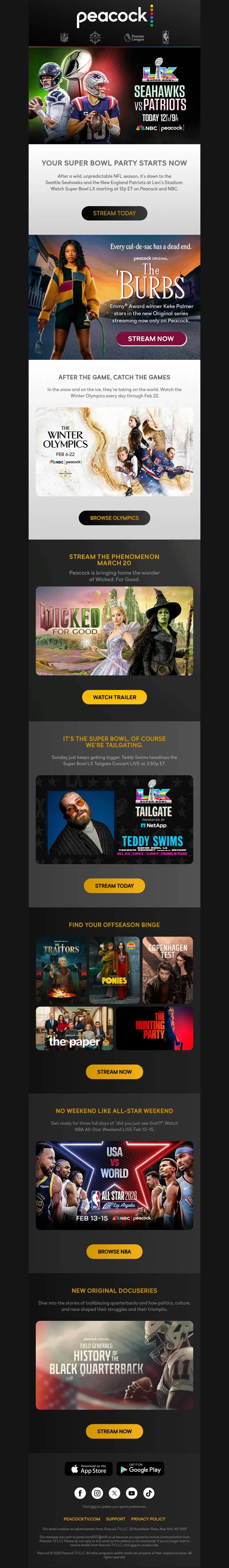 Email screenshot from Peacock - SUPER BOWL LX IS TONIGHT