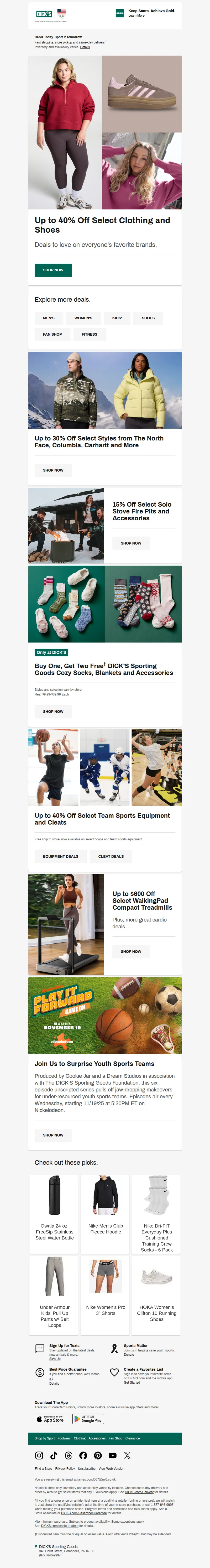 Email screenshot from Dick's Sporting Goods - Deals for you ๐ Up to 40% OFF select clothing & shoes!