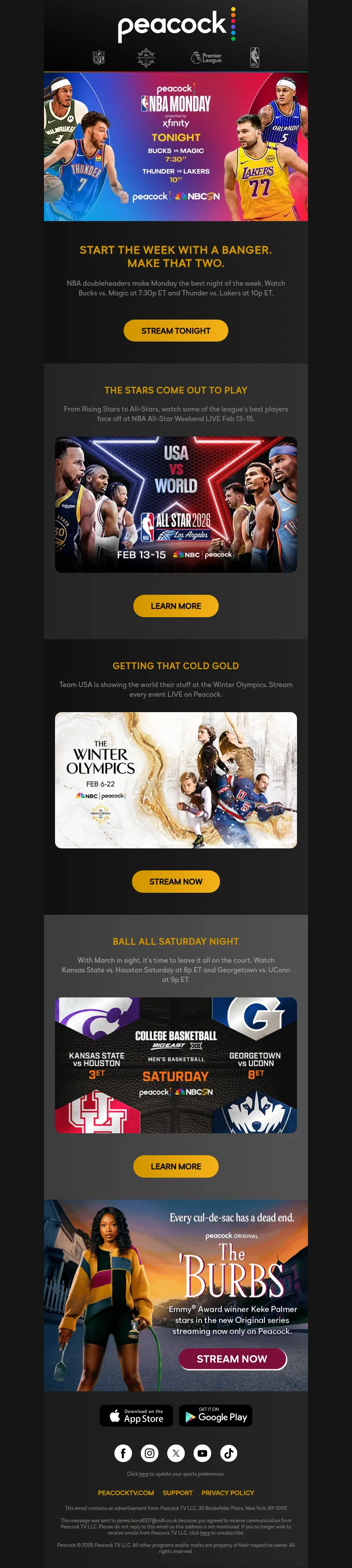 Email screenshot from Peacock - Two Reasons to Love Monday 🏀