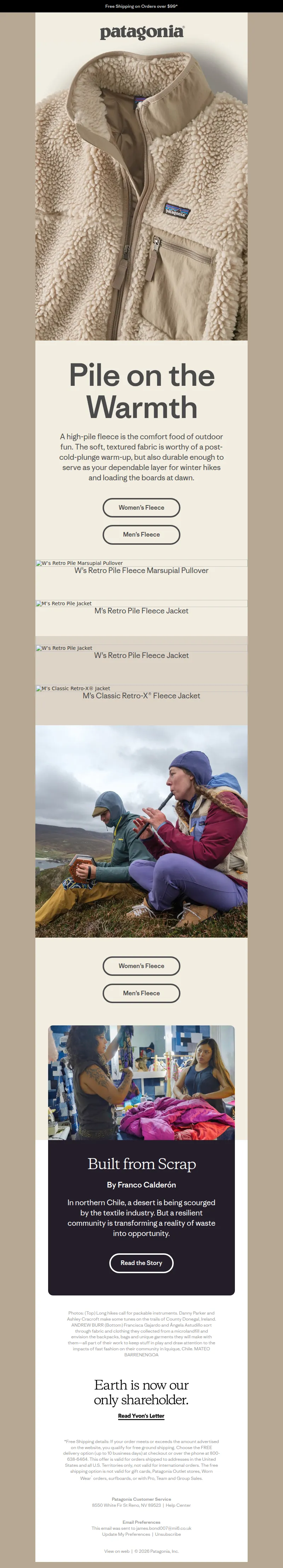 Email screenshot from Patagonia - High-pile fleece for before and after the send