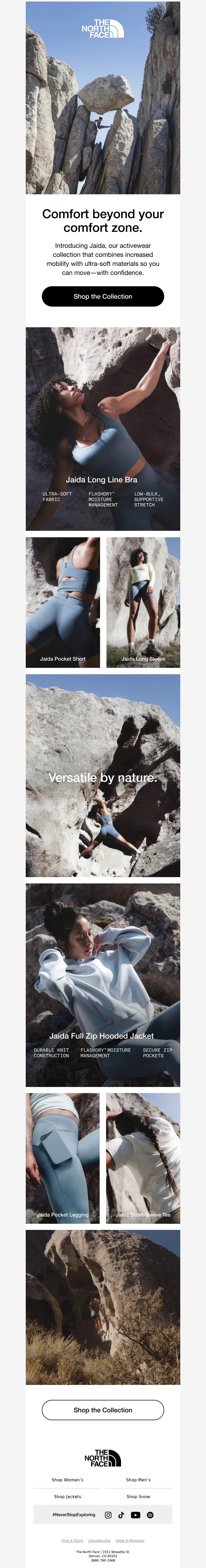 Email screenshot from The North Face - Discover the Jaida Activewear Collection.