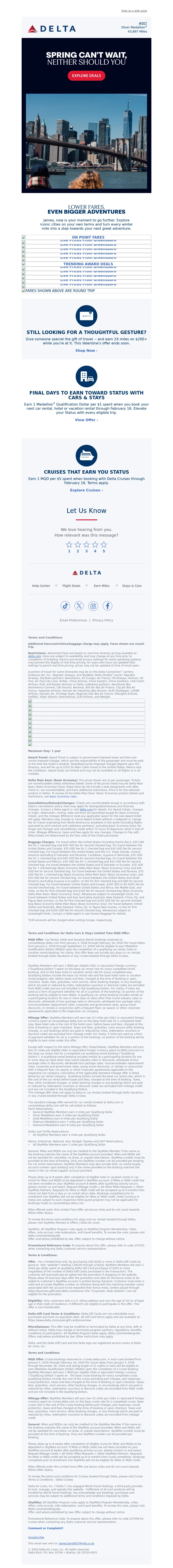Email screenshot from Delta Air Lines - Your Warm-Weather Countdown Starts With Low Winter Fares