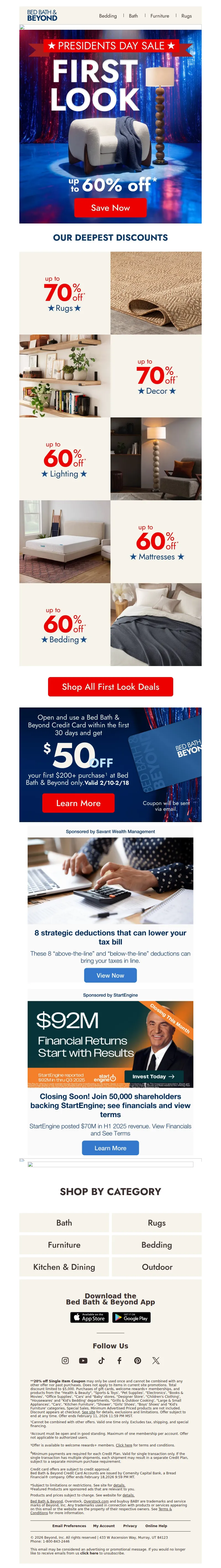 Email screenshot from Bed Bath & Beyond - Presidents Day First Look—up to 60% off