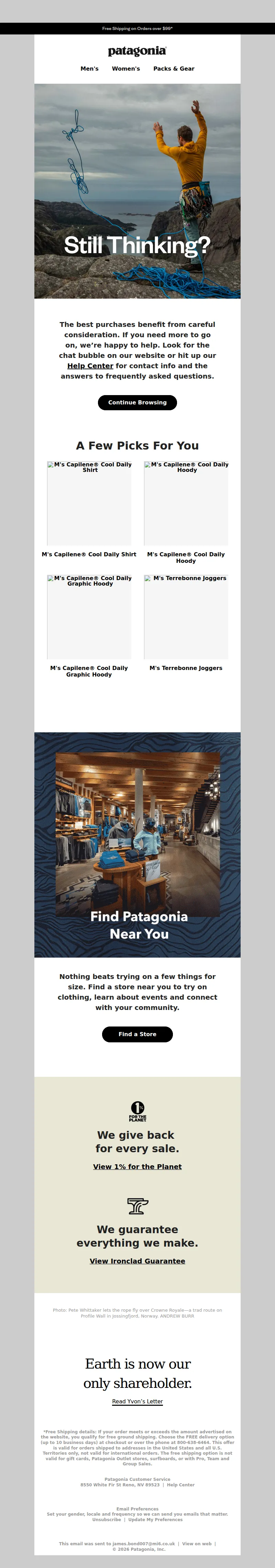 Email screenshot from Patagonia - Considering your next purchase