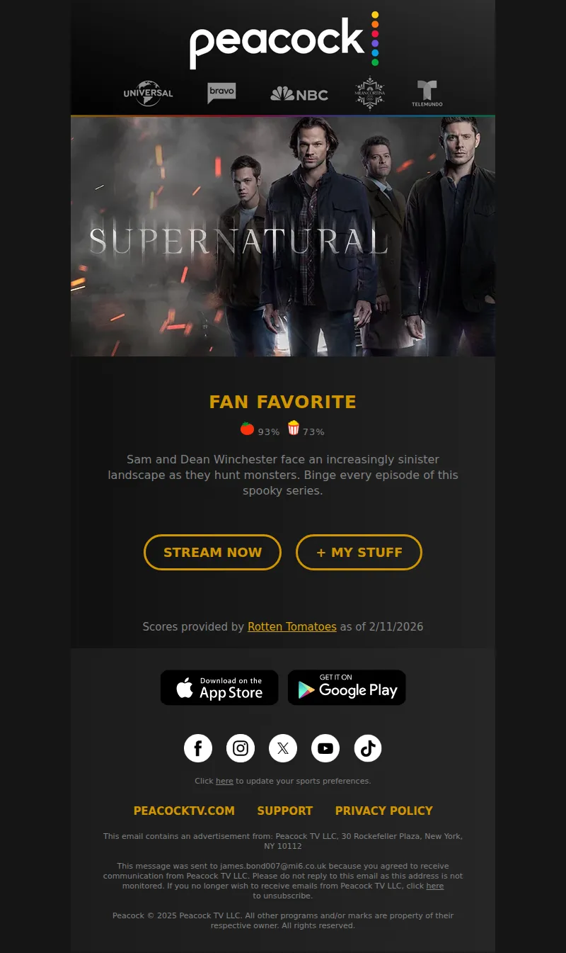 Email screenshot from Peacock - Supernatural 🌀 Streaming Now