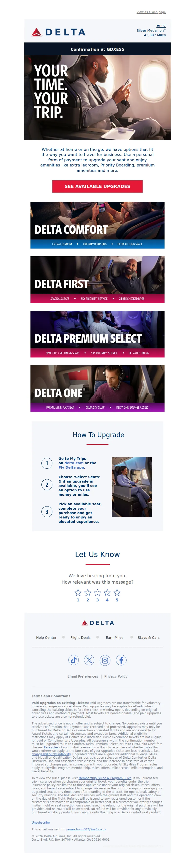 Email screenshot from Delta Air Lines - Upgrade Your Seat Before Your Trip
