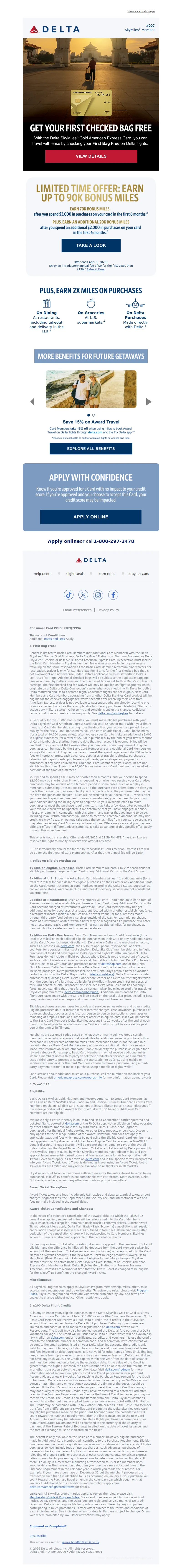 Email screenshot from Delta Air Lines - Dreaming Of Your Next Escape? Start By Checking Your First Bag Free On Delta Flights.