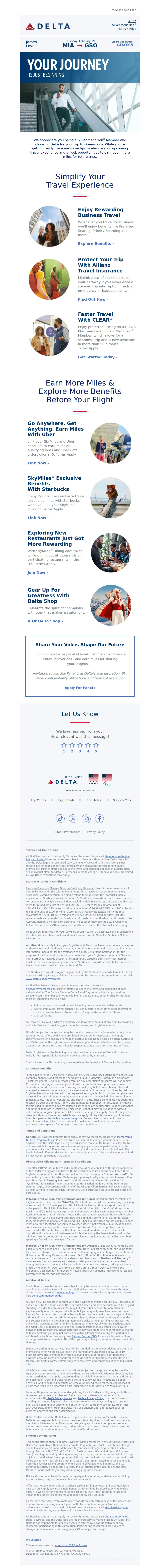 Email screenshot from Delta Air Lines - Next Level Travel To Greensboro
