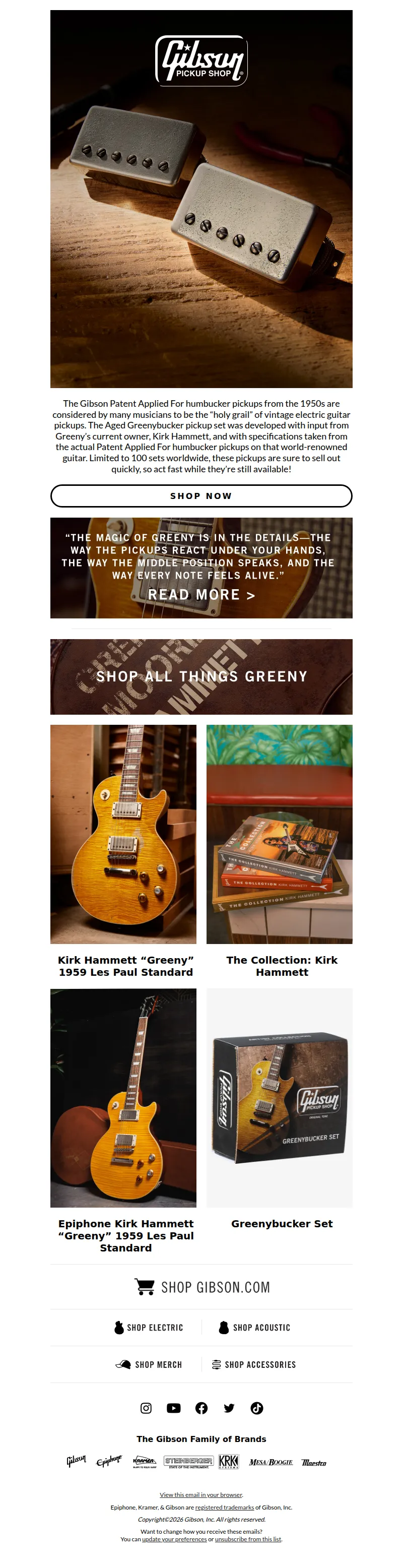 Email screenshot from Gibson - Introducing the Aged Greenybucker Pickups