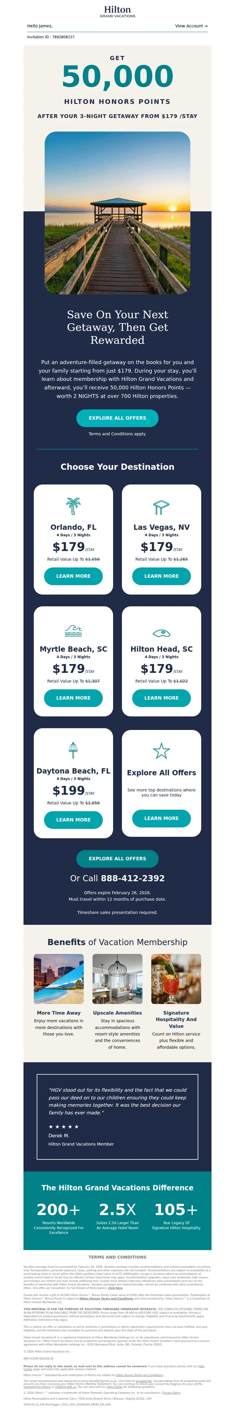 Email screenshot from Hilton Grand Vacations - 50,000 Hilton Honors Points For You – Act Now!