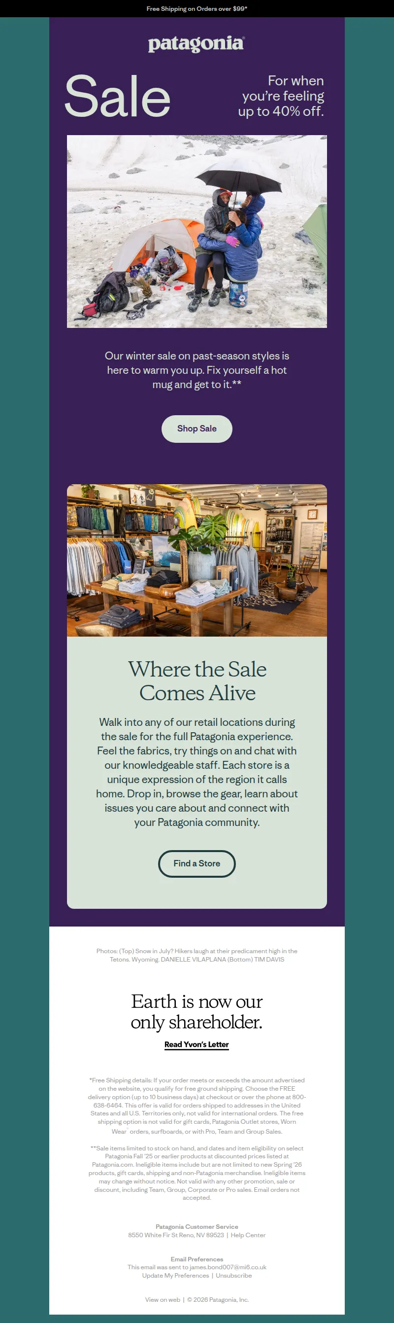 Email screenshot from Patagonia - Up to 40% off sale starts now