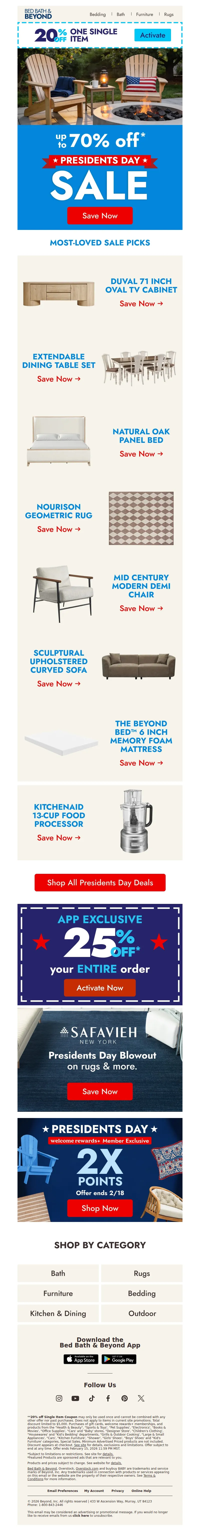 Email screenshot from Bed Bath & Beyond - Up to 70% off top picks of the Presidents Day Sale