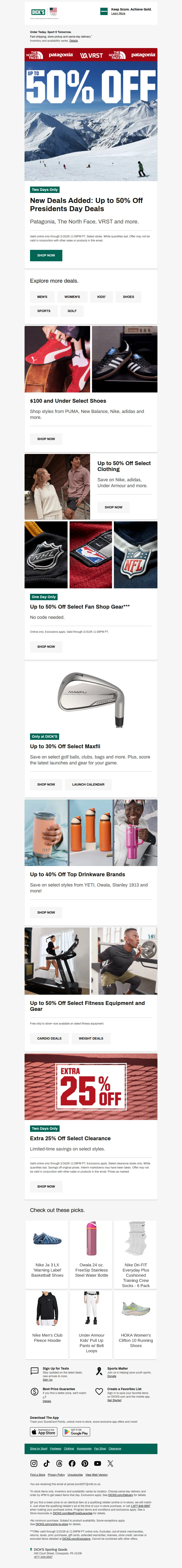 Email screenshot from Dick's | Weekend Savings Event - Don't miss this! Up to 50% off select Patagonia, The North Face, VRST & more Presidents Day DEALS ➡️