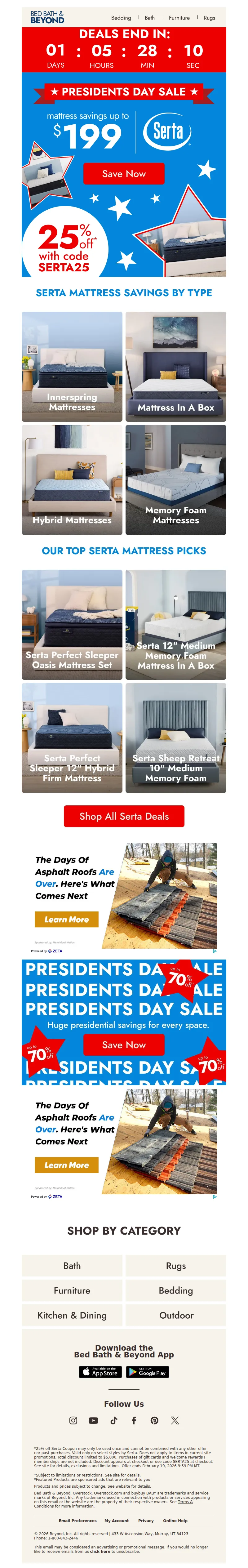 Email screenshot from Bed Bath & Beyond - Up to $199 off select Serta mattresses!