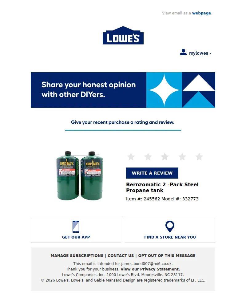 Email screenshot from Lowe's Home Improvement - Don't forget! Let us know what you think.