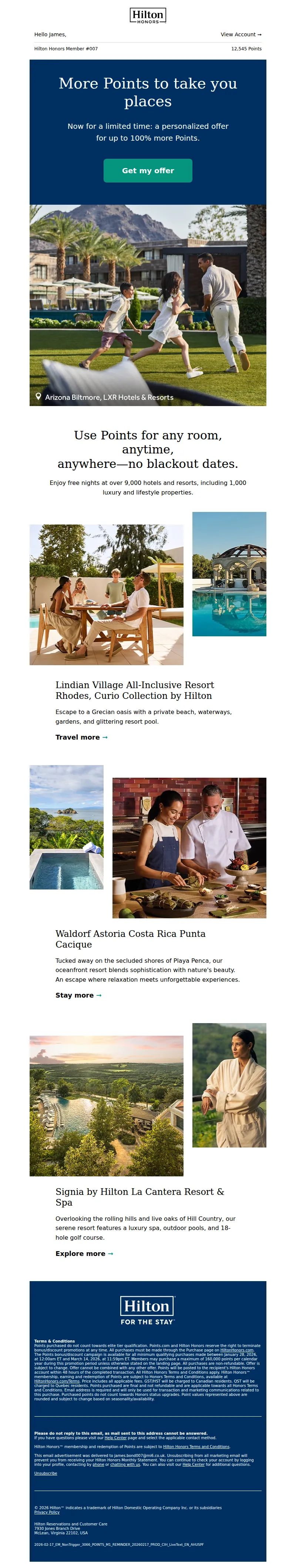 Email screenshot from Hilton Honors - Don't forget Bonus Points, on us.