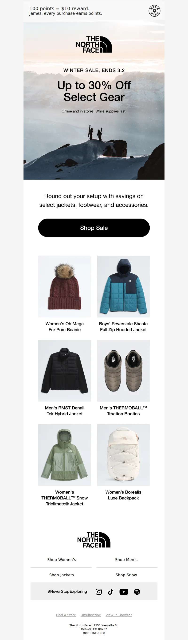 Email screenshot from The North Face - Winter Sale: Take up to 30% off select styles.