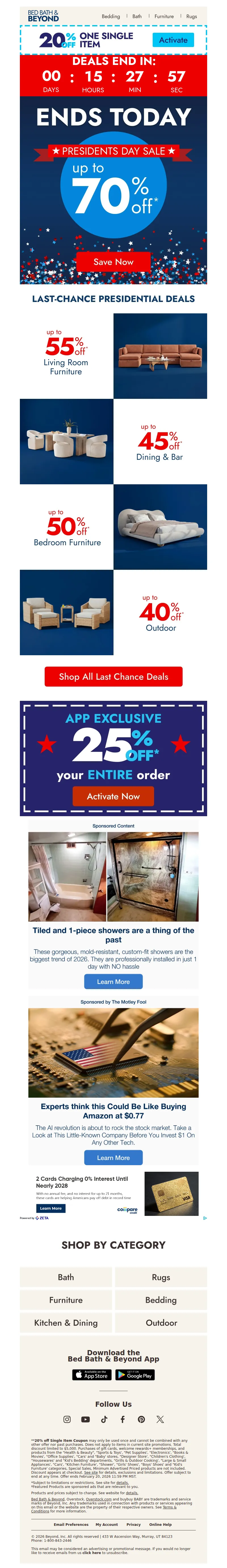 Email screenshot from Bed Bath & Beyond - Up to 70% off ends today ⏰