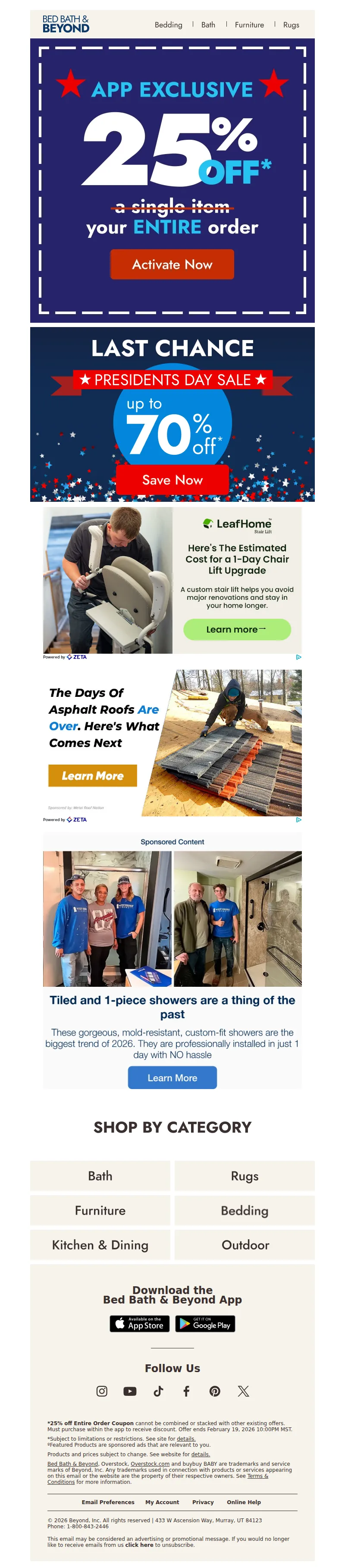 Email screenshot from Bed Bath & Beyond - Ends tonight: 25% off your entire order 🇺🇸