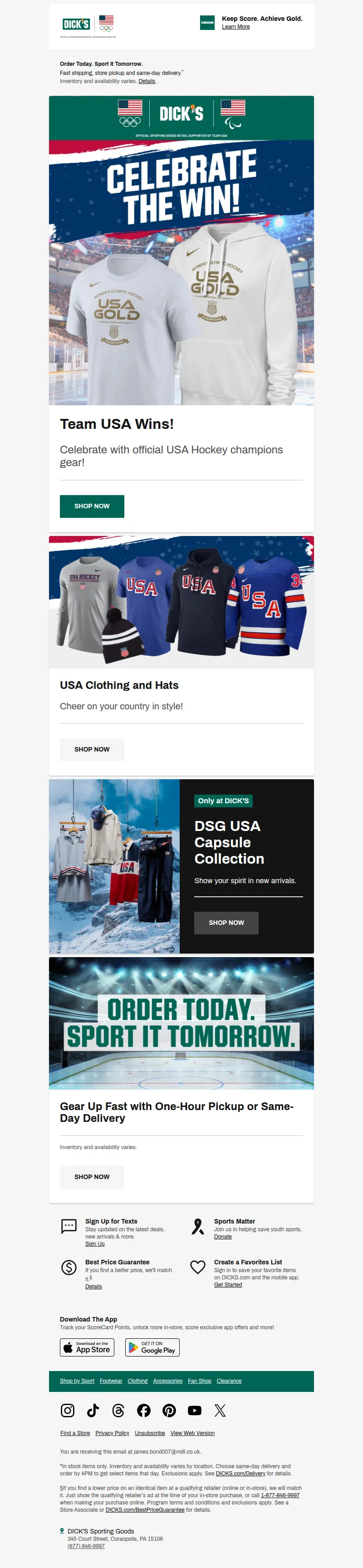 Email screenshot from Dick's Sporting Goods - Victory! 🏆 Celebrate with USA hockey champions gear