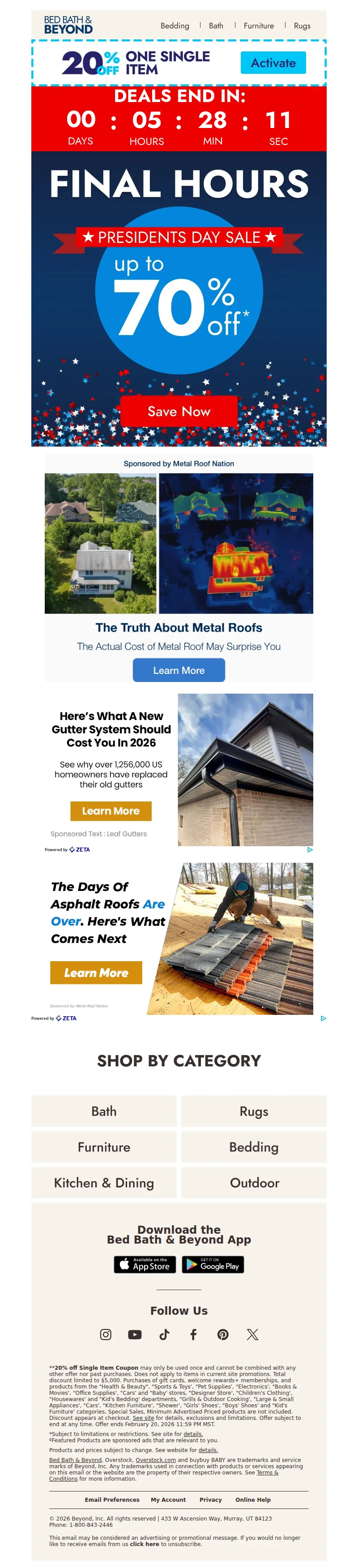 Email screenshot from Bed Bath & Beyond - Ends tonight: up to 70% off πΊπΈ