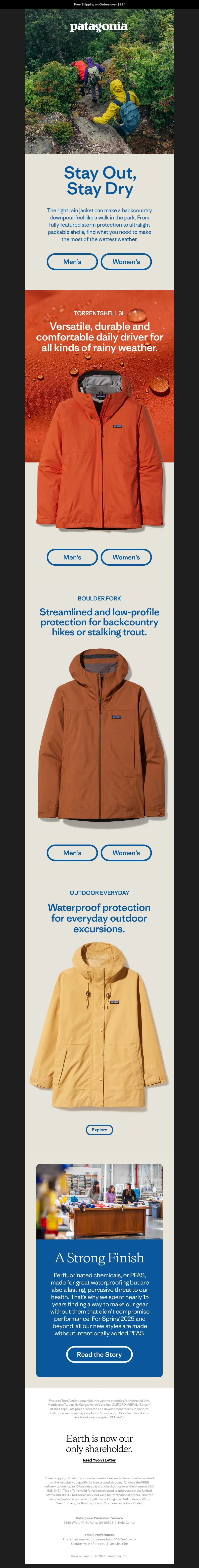 Email screenshot from Patagonia - Rain jackets that leave no excuses