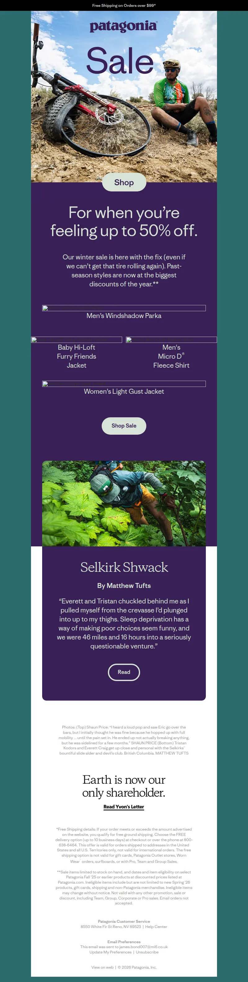 Email screenshot from Patagonia - Now up to 50% off