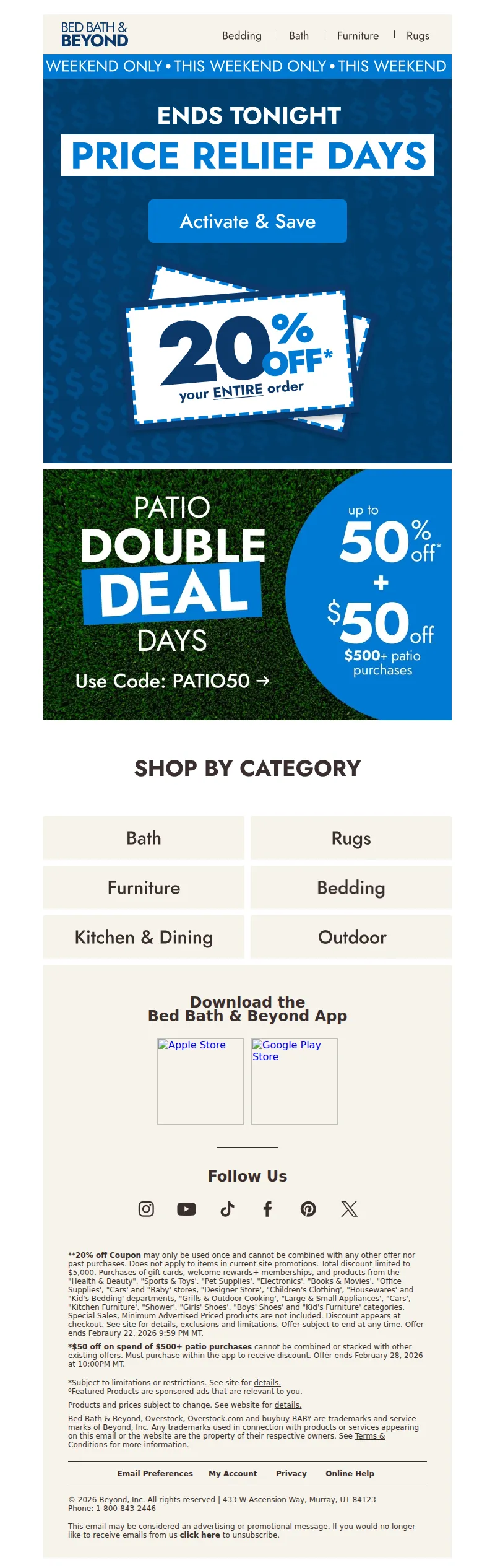 Email screenshot from Bed Bath & Beyond - Why wait for savings? Take 20% off your order—ends tonight