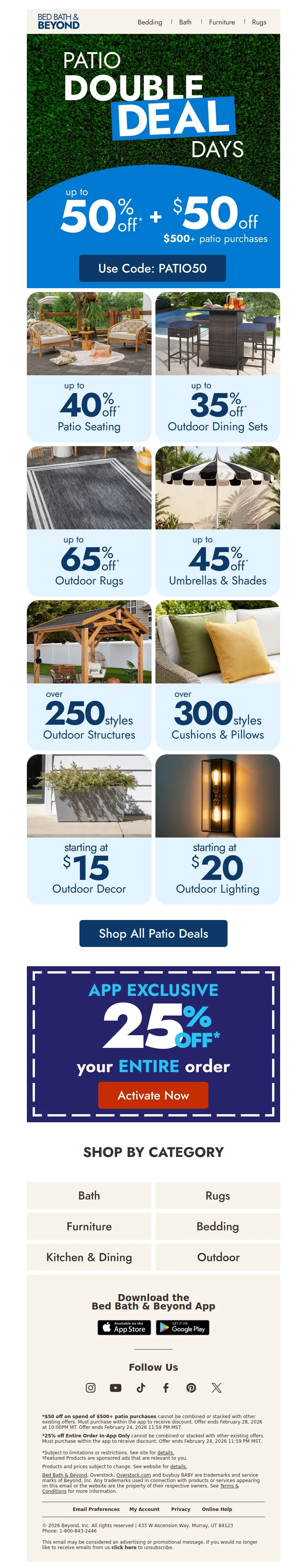 Email screenshot from Bed Bath & Beyond - Spring starts now 🌞 Up to 50% off patio
