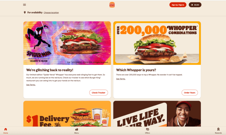 screenshot of burger king's homepage