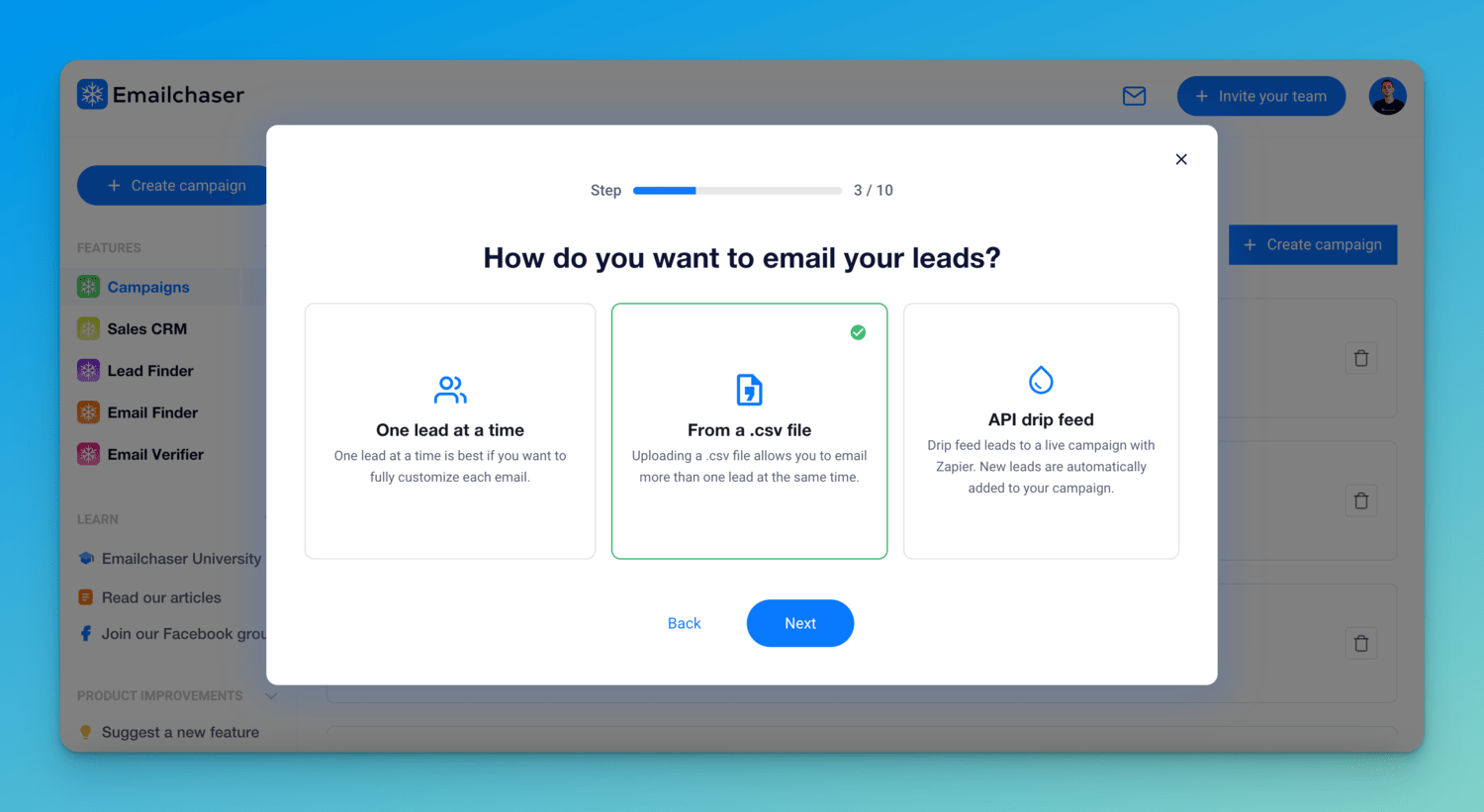 screenshot showing create campaign flow in Emailchaser