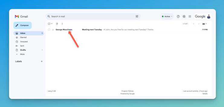 screenshot showing a From name in Gmail inbox