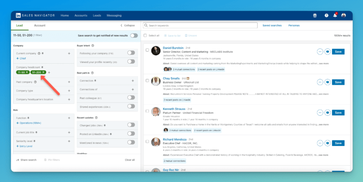 screenshot showing company headcount filter in sales navigator