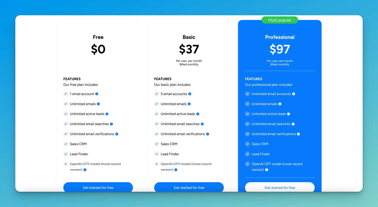 image showing Emailchaser's pricing plans