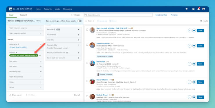 screenshot showing industry filter in sales navigator
