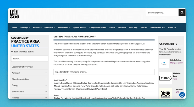 screenshot showing Legal 500 directory
