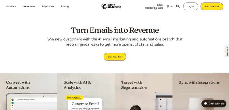 screenshot of mailchimp's homepage