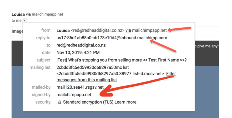 screenshot showing an email header with mailchimp stated