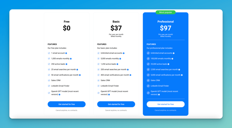 image showing Emailchaser's pricing page