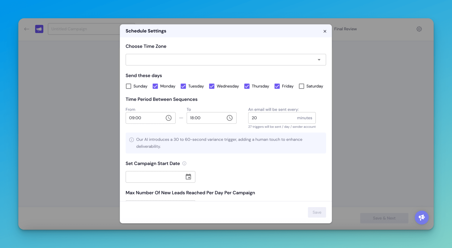 screenshot showing Smartlead's campaign creation flow