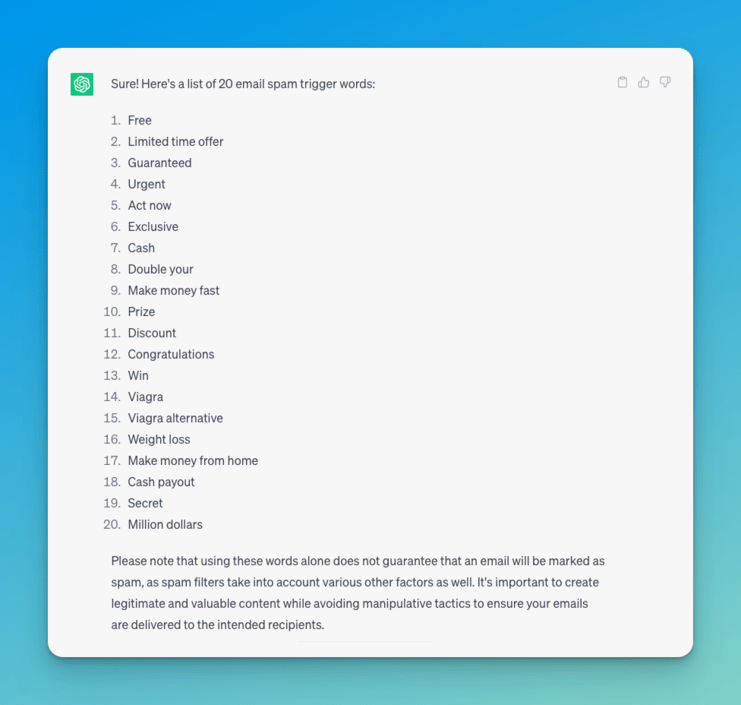 a screenshot showing 20 email spam trigger words provided by ChatGPT