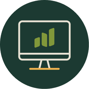 Icon of a computer monitor displaying a rising green bar graph.